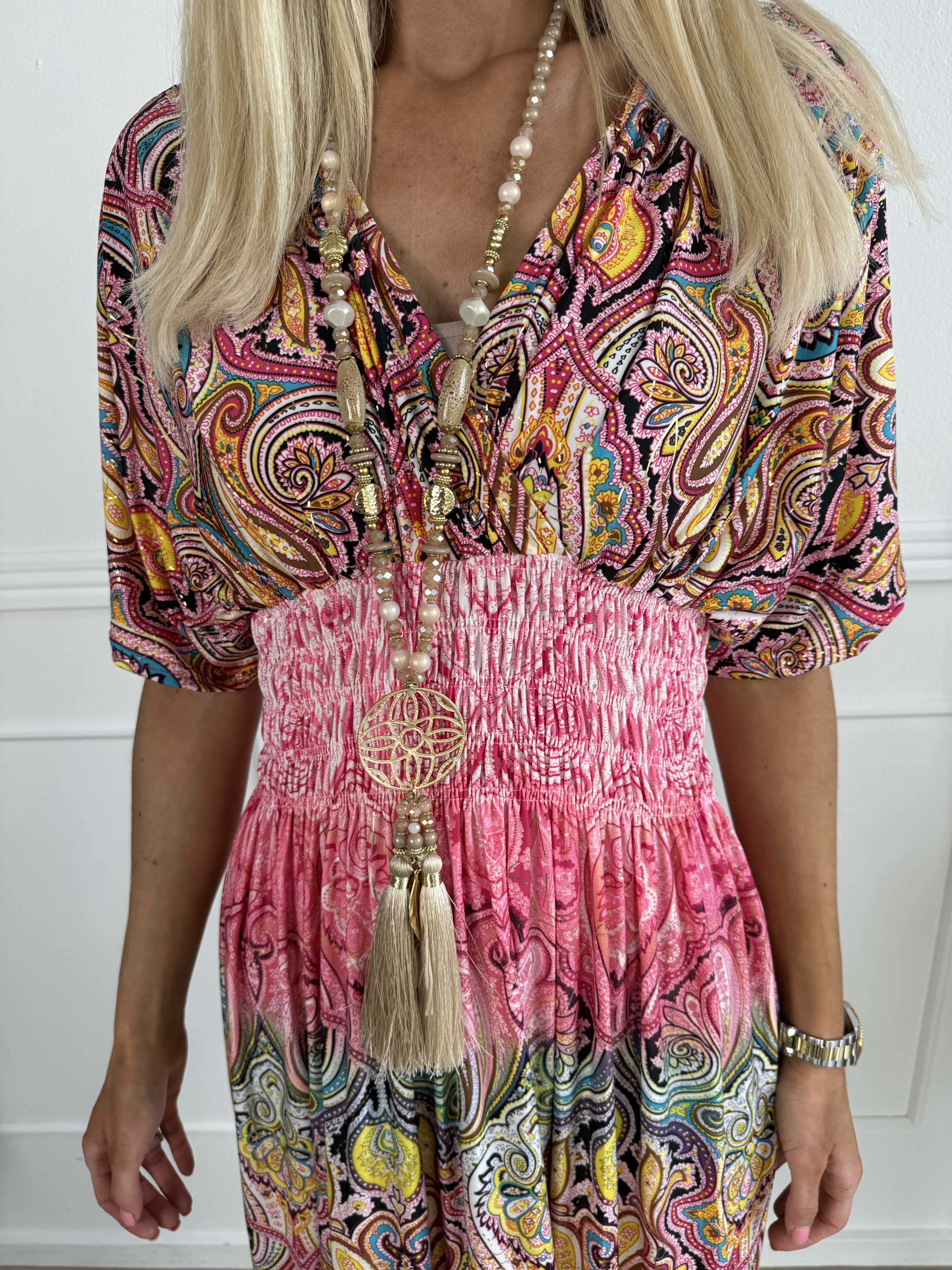 Pams Paisley short S/S - Mönstrad elastisk klänning med smock